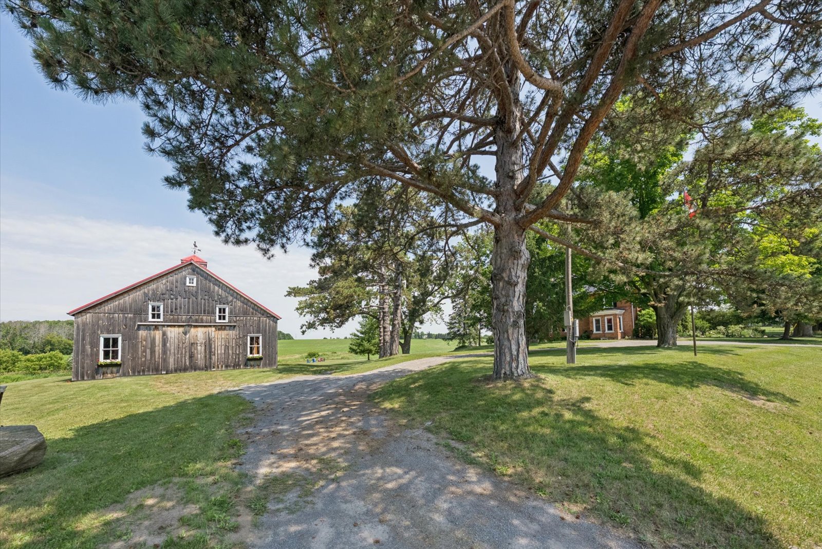 Gravel drive between the barn and the farmhouse
